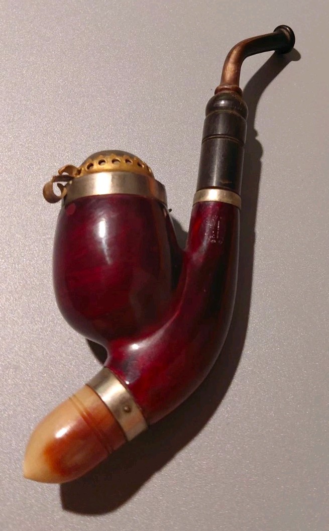 Vintage Bruyere Garantie Burgundy Curved Tobacco Pipe w/ Brass Wind Protector