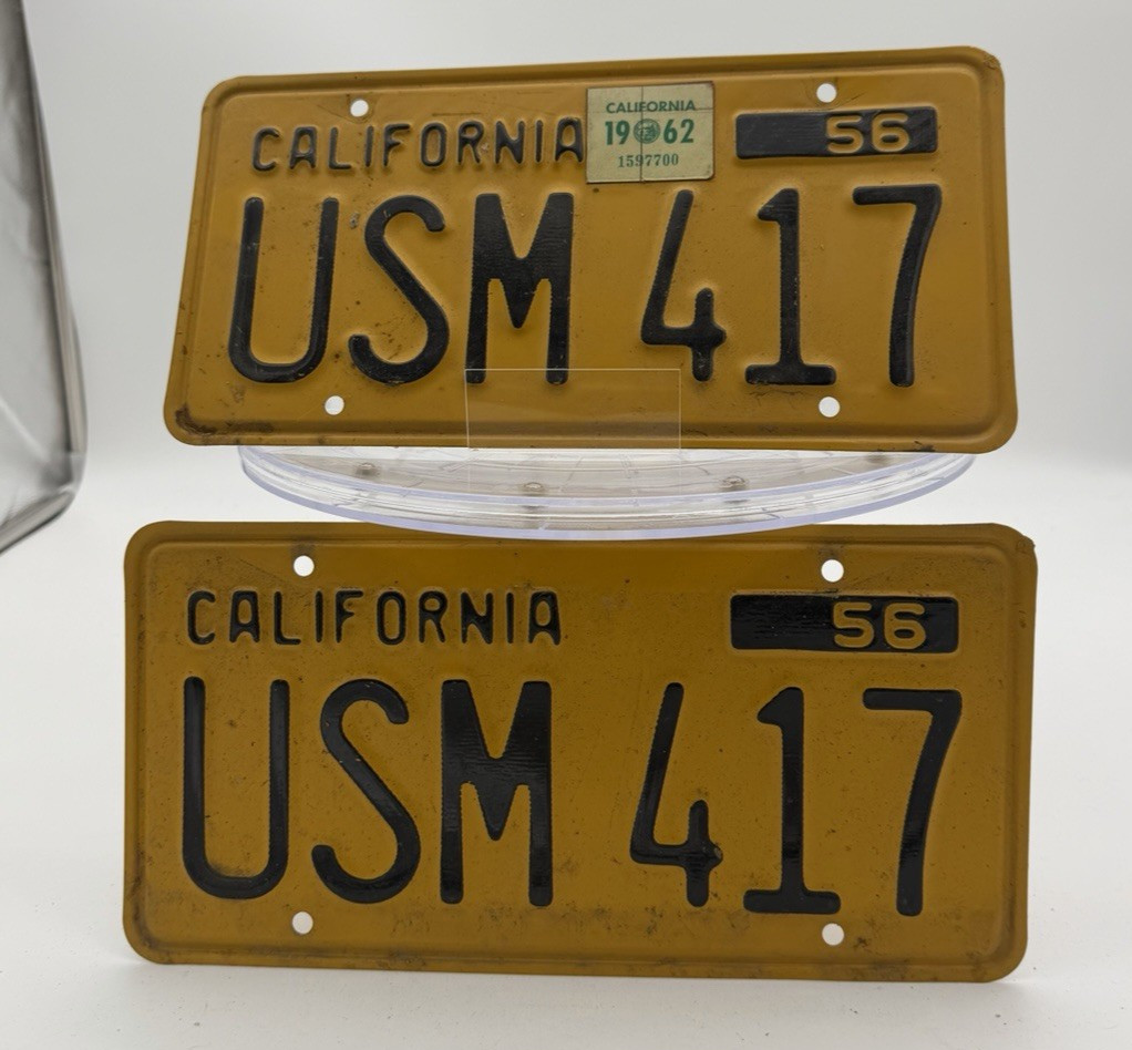 1956 California License Plates Matching Pair USM 417 w/ 1962 Sticker Original 1956 California License Plates Matching Pair USM 417 w/ 1962 Sticker Original