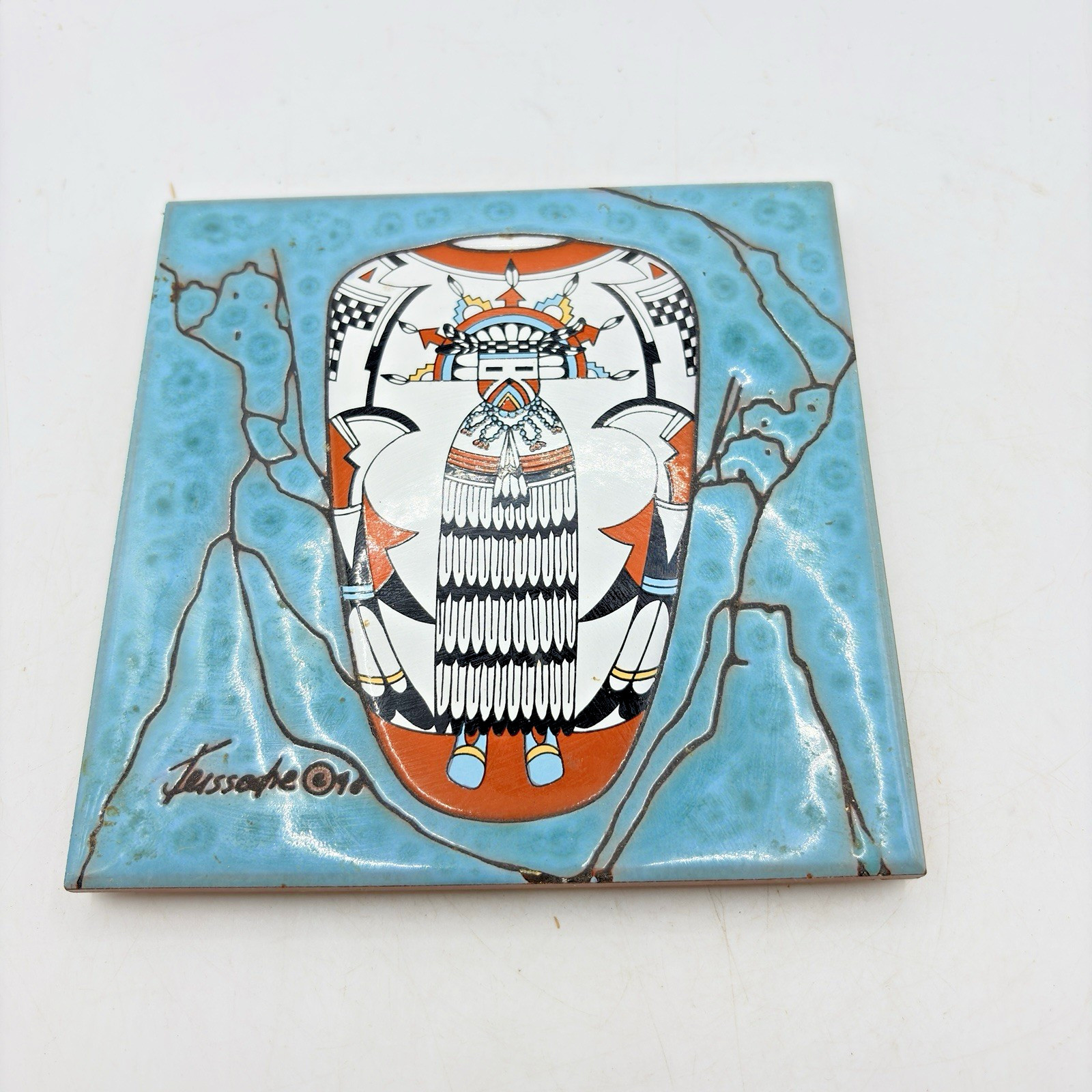 Earthtones Ceramic Art Tile Trivet Southwest Design 6in Vintage Cleo Teissedre