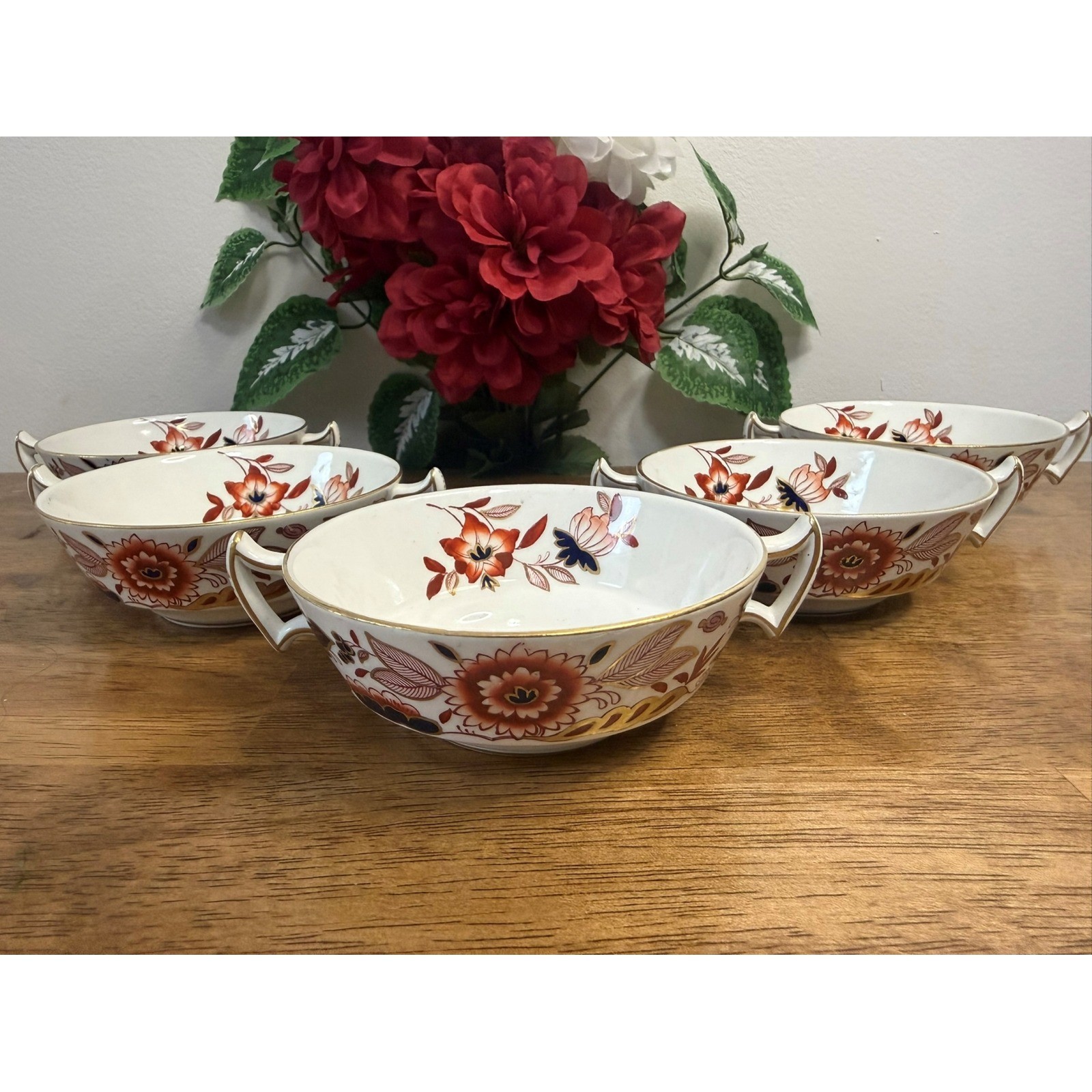 Vintage Booths Dovedale Two Handled Soup Bowls Hand Painted Gold Set Of 5