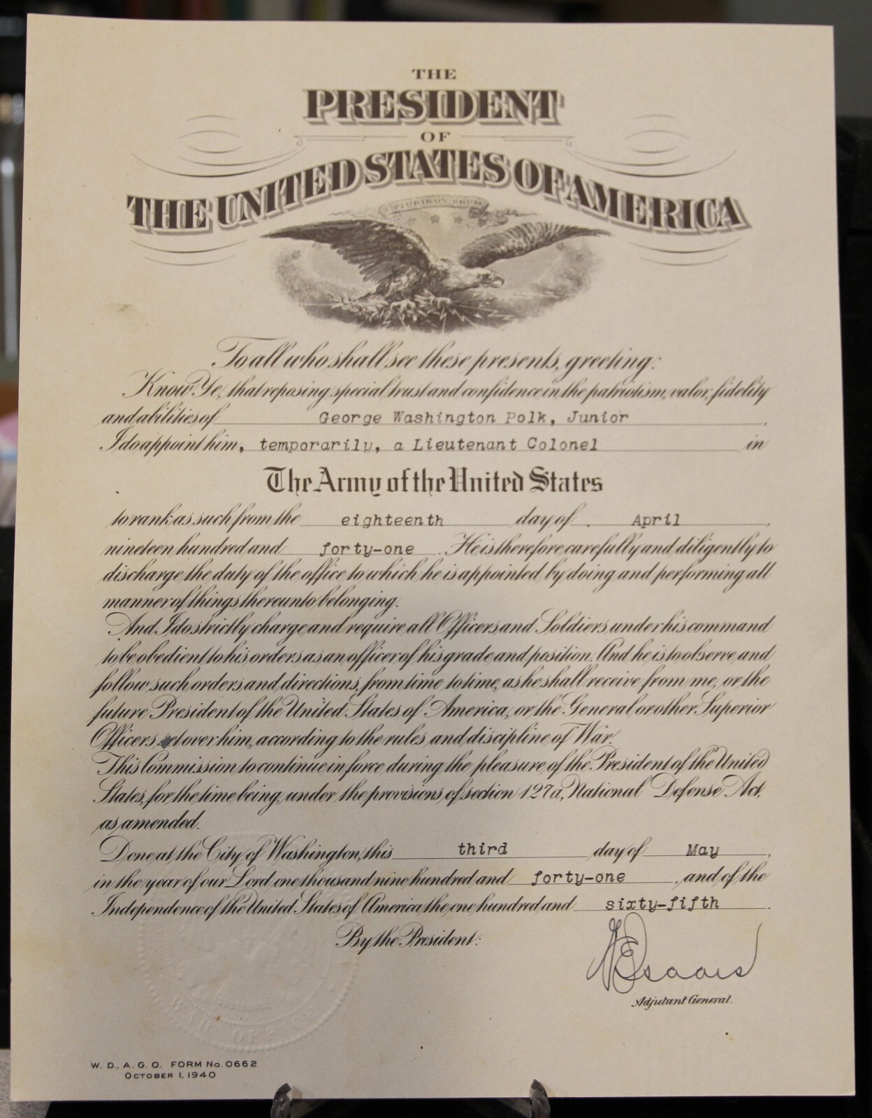 WWII Era U.S. Army Commission Certificate 1941 Lieutenant Colonel - Excellent WWII Era U.S. Army Commission Certificate 1941 Lieutenant Colonel - Excellent