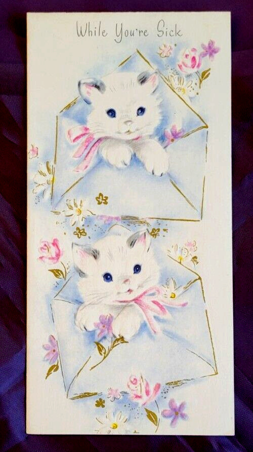 Vintage Unused Two Kittens Cats In Envelopes Flowers Get Well Card Adorable 