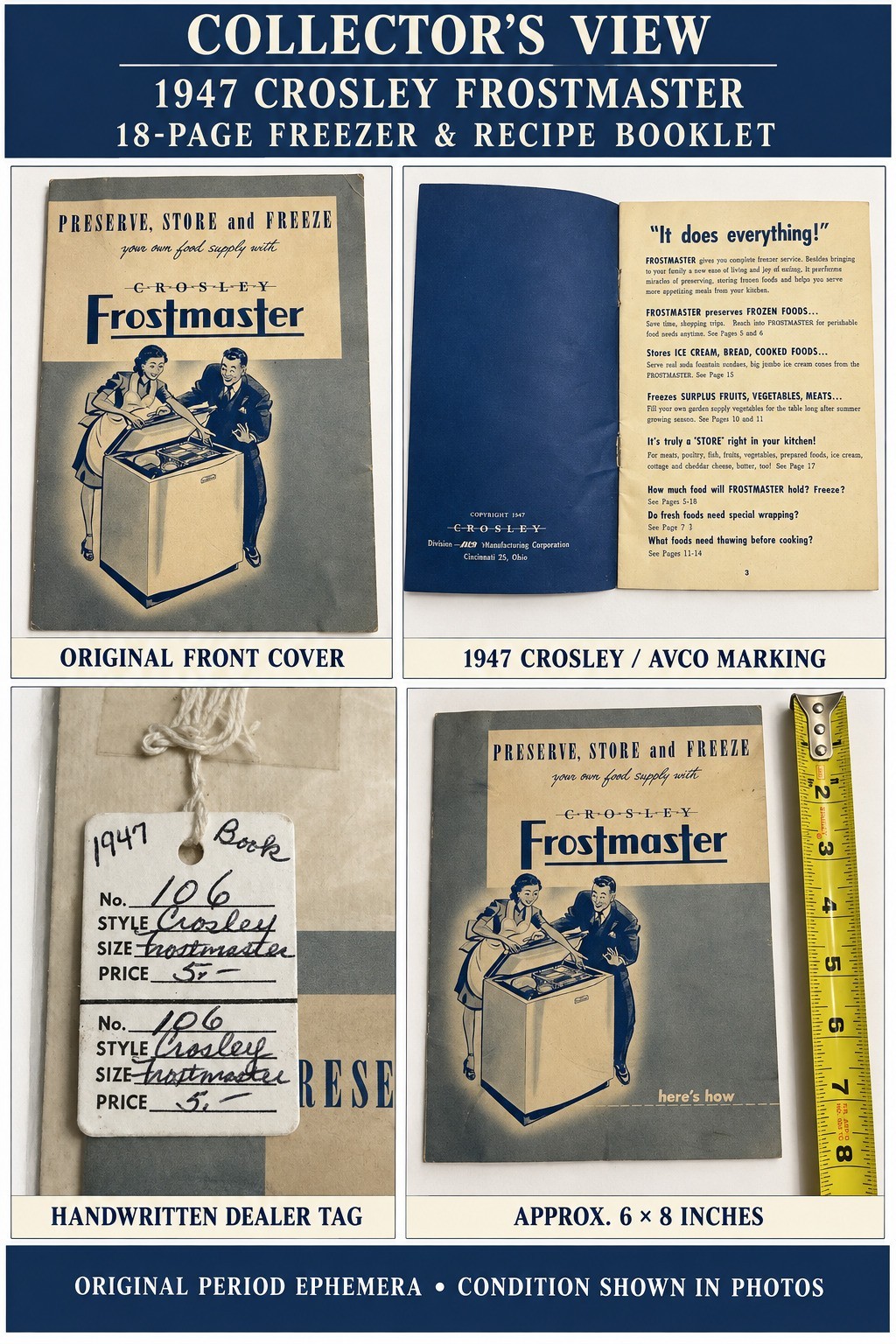 1947 Crosley Frostmaster Freezer Recipe Instruction Booklet Dealer Tag