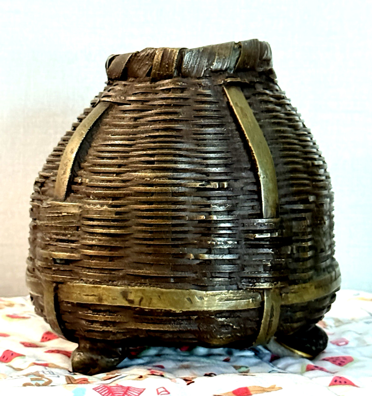 Antique Japanese Bronze Ikebana Basket Vase Faux Bamboo Woven Metal Pot Tripod 5