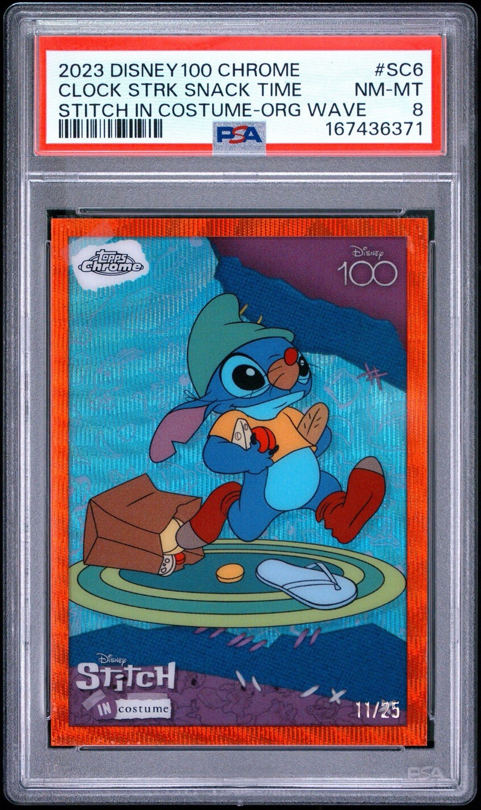 2023 Topps Chrome Disney 100 Stitch in Costume Snack Time Orange Wave /25 PSA 8 2023 Topps Chrome Disney 100 Stitch in Costume Snack Time Orange Wave /25 PSA 8