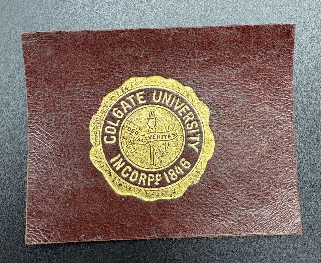c1910 L20 Colgate University College Seal Tobacco Leather Antique 2x2.5 c1910 L20 Colgate University College Seal Tobacco Leather Antique 2x2.5