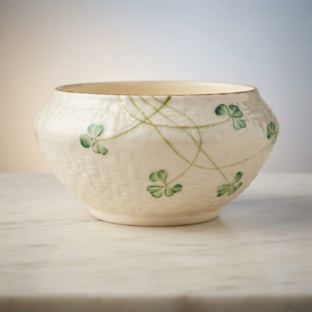 Vintage Belleek Shamrock Irish Basketweave Sugar Bowl 6th Green Mark Porcelain Vintage Belleek Shamrock Irish Basketweave Sugar Bowl 6th Green Mark Porcelain