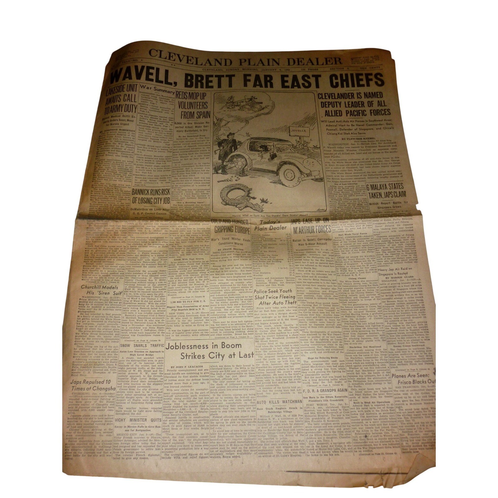 Vintage Jan 4 1942 Cleveland Plain Dealer Newspaper WWII Wavell Brett ABDACOM