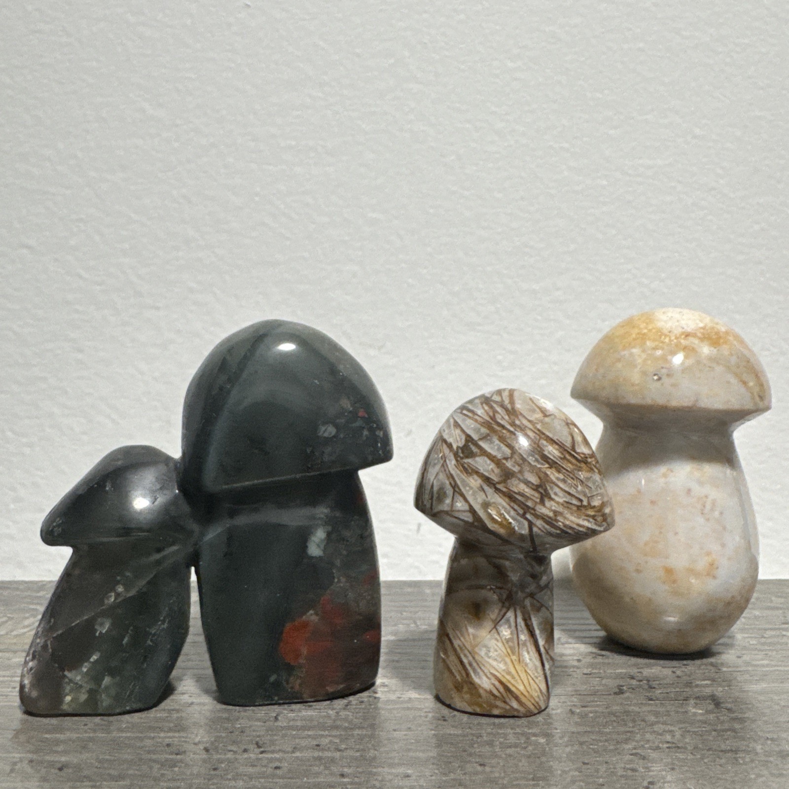 Three Piece Mixed Material Crystal Mushroom Carvings 375 Total Grams Three Piece Mixed Material Crystal Mushroom Carvings 375 Total Grams