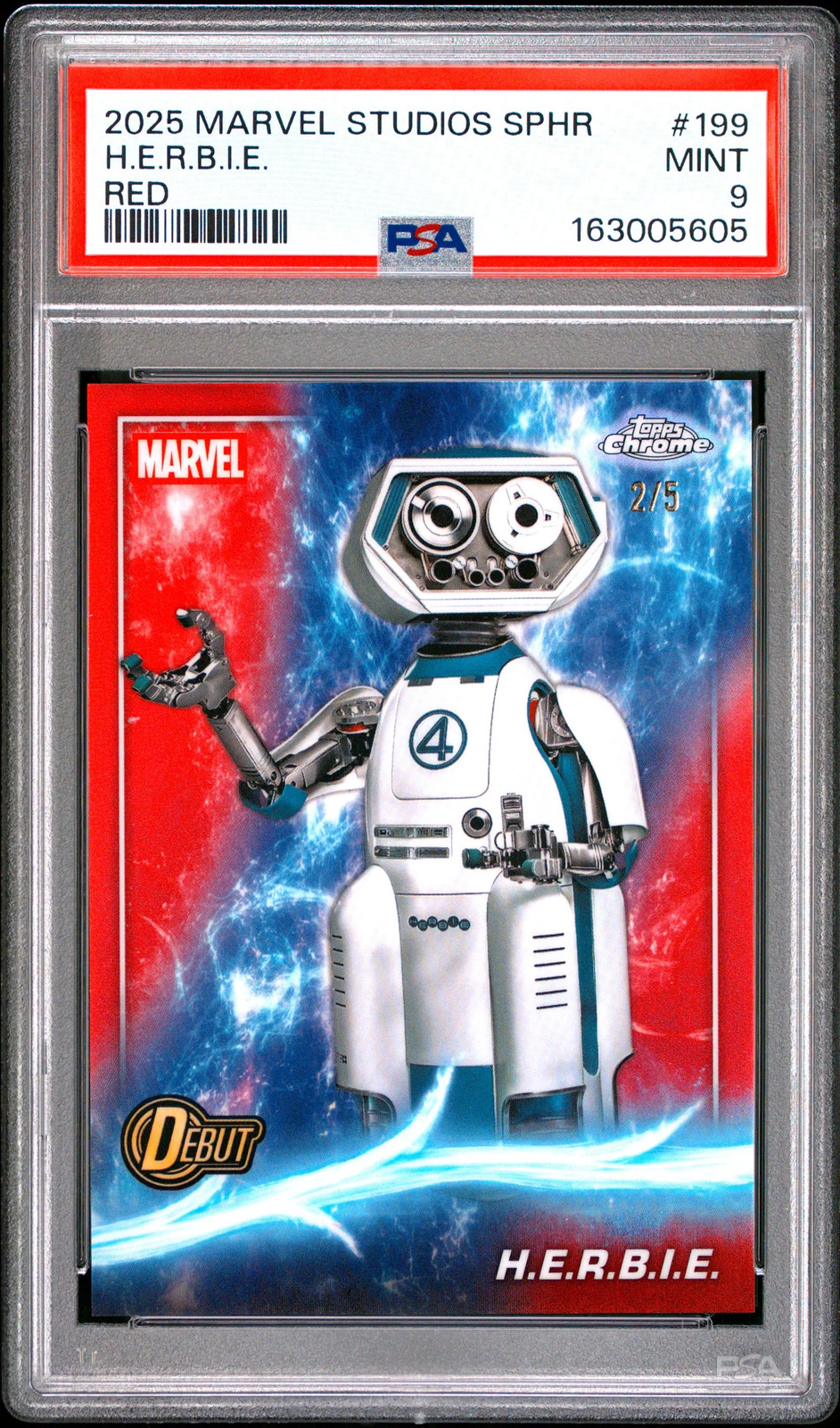 2025 Topps Marvel Studios Chrome Sapphire H. E. R. B. I. E. Red /5 Avenger PSA 9 2025 Topps Marvel Studios Chrome Sapphire H. E. R. B. I. E. Red /5 Avenger PSA 9