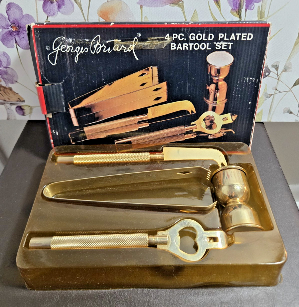 Vintage Georges Briard 4 Pc Gold Plated Bartool Set Barware NEW IN BOX Vintage Georges Briard 4 Pc Gold Plated Bartool Set Barware NEW IN BOX