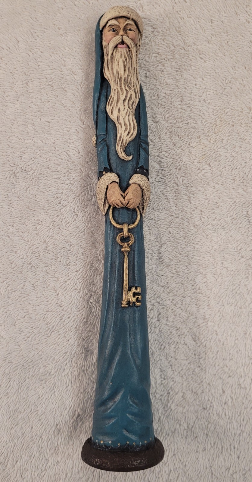 Vintage 1990 Pencil Santa Figurine Blue Coat Gold Key Folk Art 9.5\