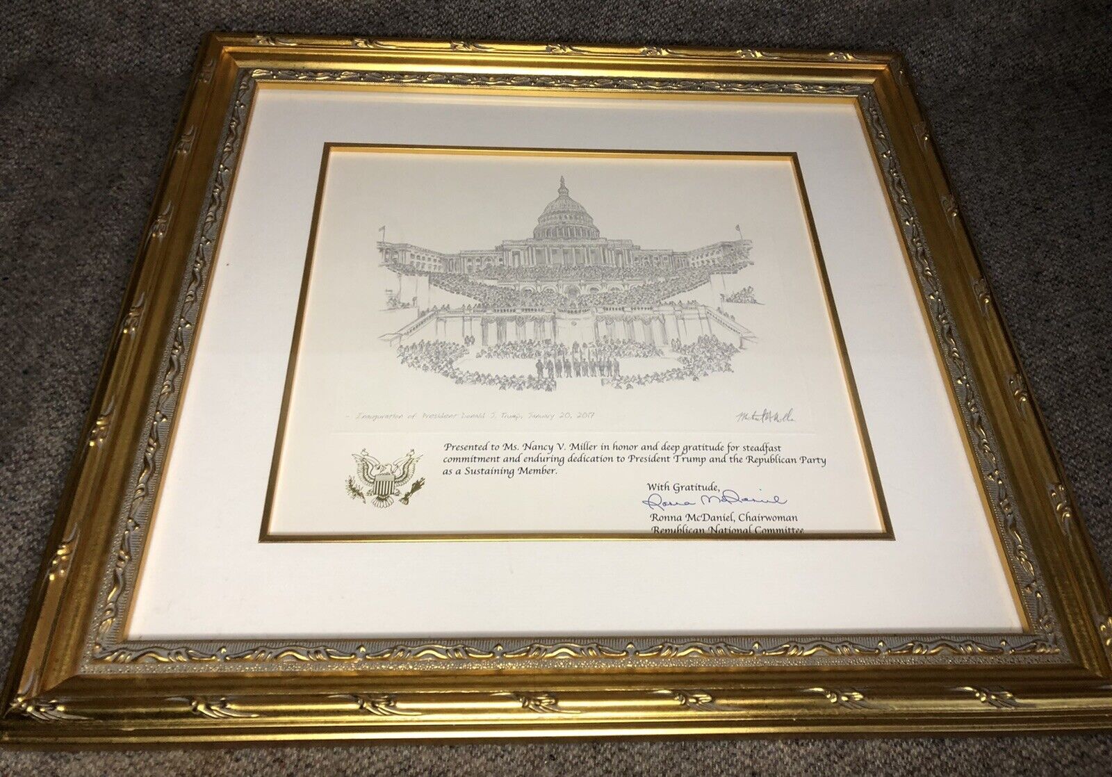 RARE Donald Trump Inauguration Day Sketch Print Framed Signed By Ronna McDaniel
