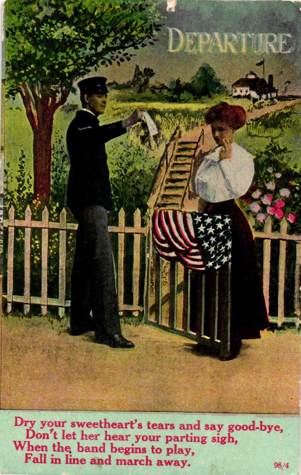 Antique 1911 Postcard Departure Dry Your Sweetheart's Tears Good-Bye US Flag E1 Antique 1911 Postcard Departure Dry Your Sweetheart's Tears Good-Bye US Flag E1