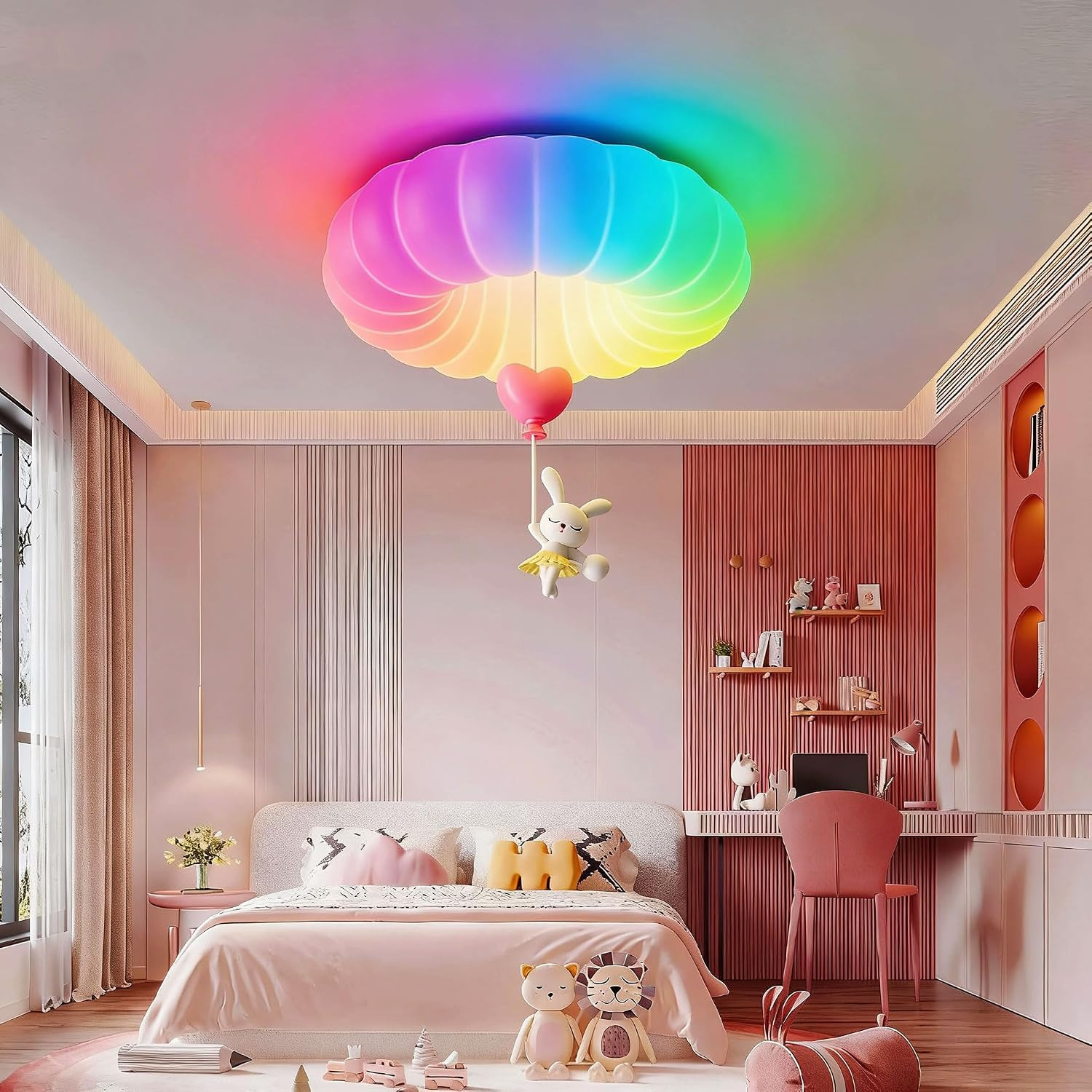 RGB Led Flush Mount Kids Room Ceiling Light with Remote Control，18Inch 32W 3000-