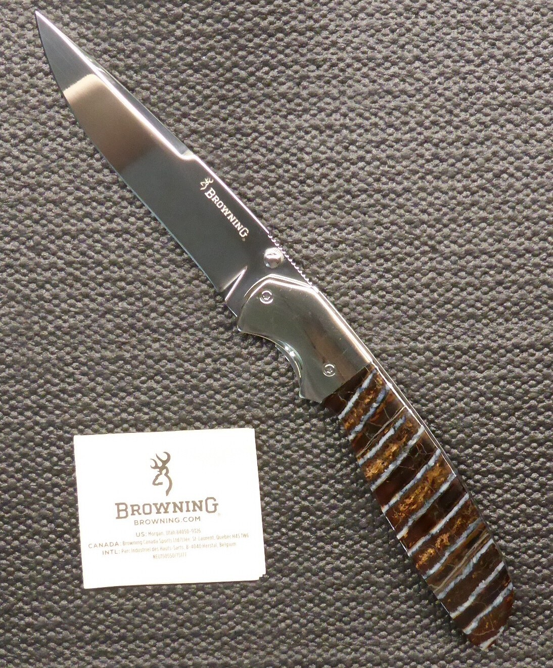 Browning Knife Mirrored 440C 3.8'' Blade, Linerlock, Made in Italy, NIB, Tan 1 Browning Knife Mirrored 440C 3.8'' Blade, Linerlock, Made in Italy, NIB, Tan 1