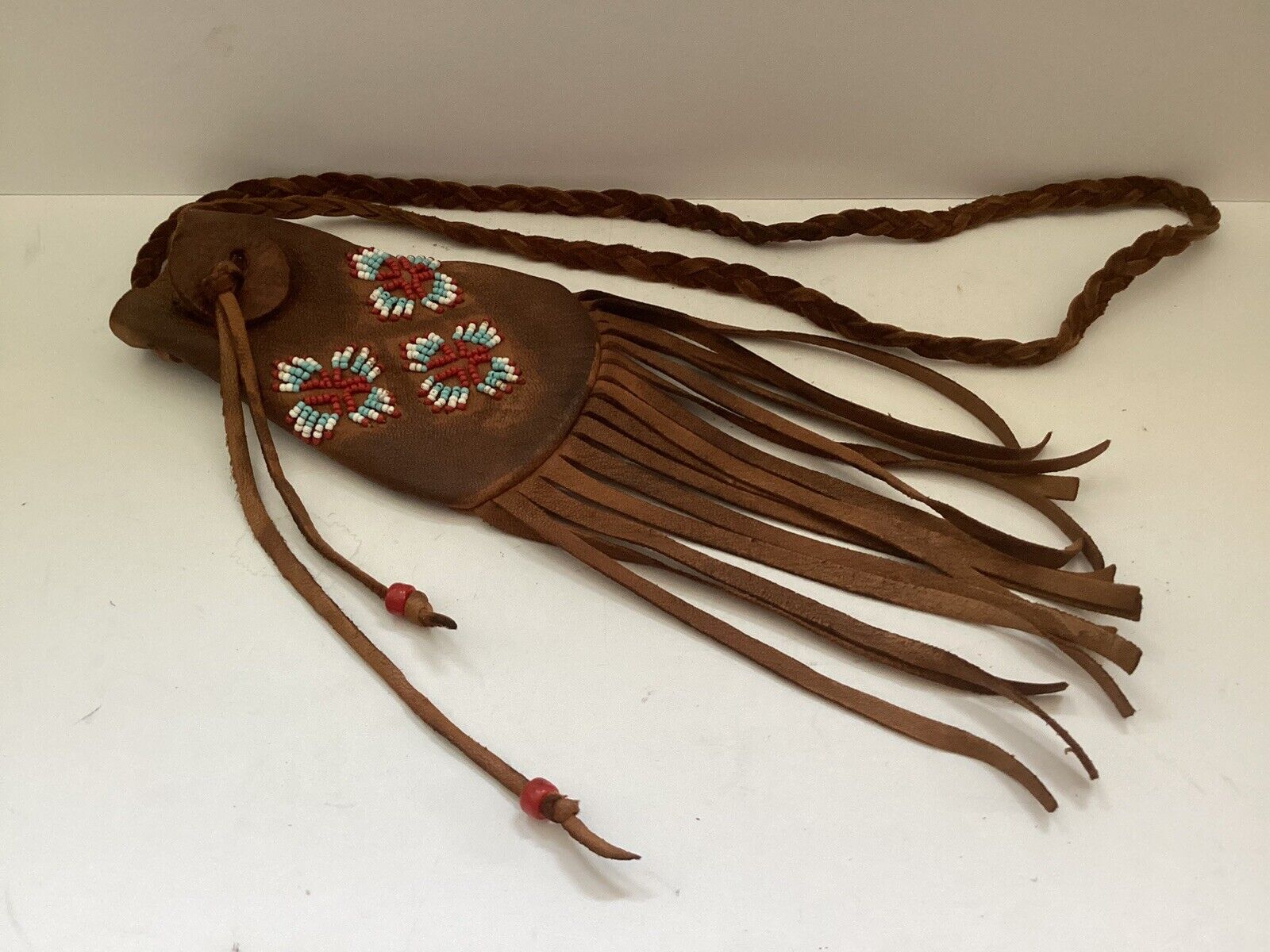 Tobacco Pouch_Handmade_Beaded Leather_16” Braided Strap_Fringed_Vintage
