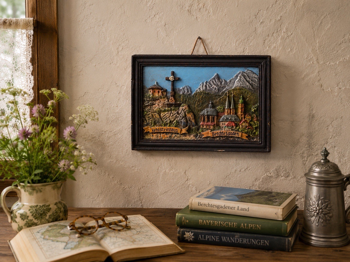 Vintage German 3D Wax Wall Plaque Berchtesgaden Kehlsteinhaus Alps 11x8 Decor