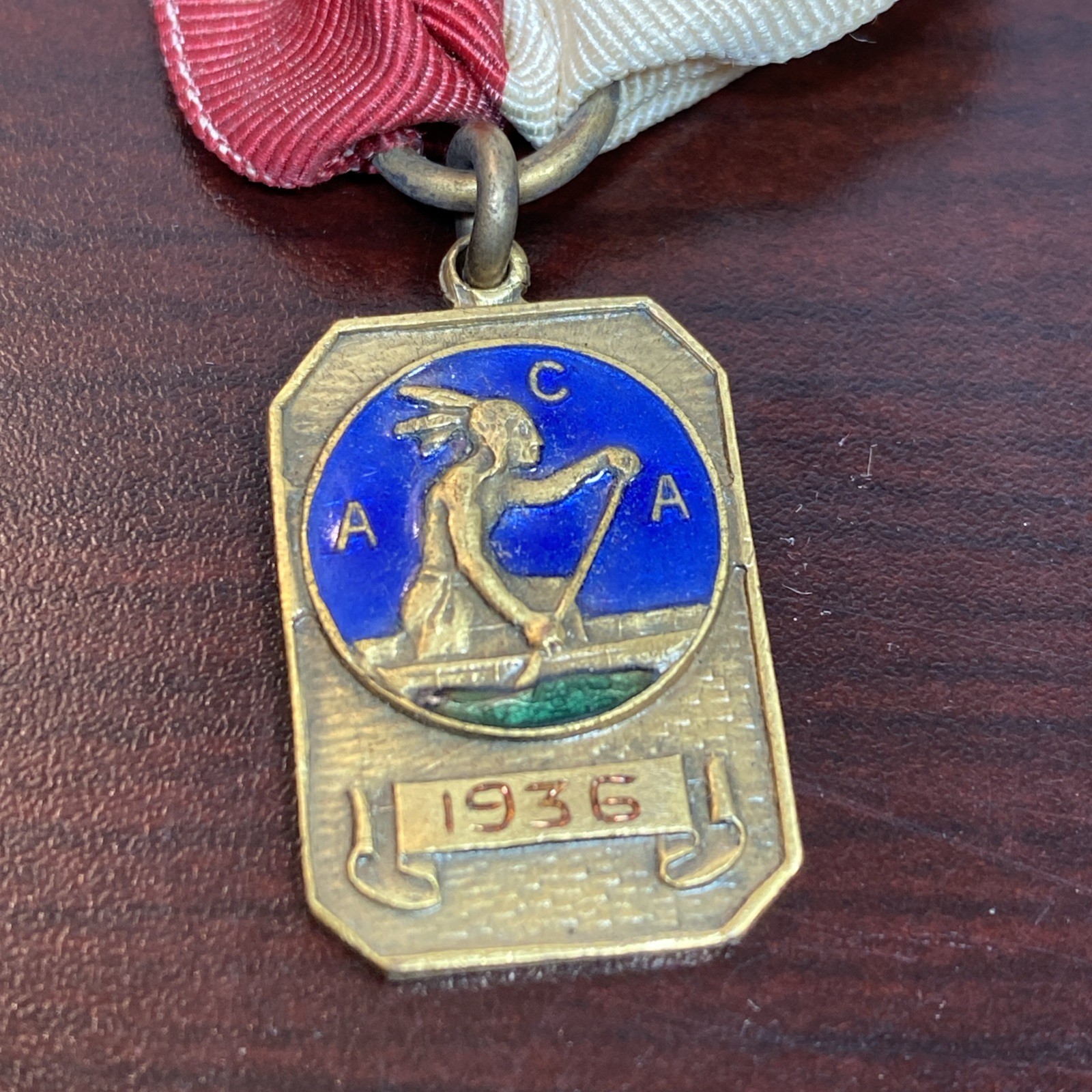 1936 ACA American Canoe Association Emptying Race Medal Ribbon Pin Enameled Vtg 1936 ACA American Canoe Association Emptying Race Medal Ribbon Pin Enameled Vtg