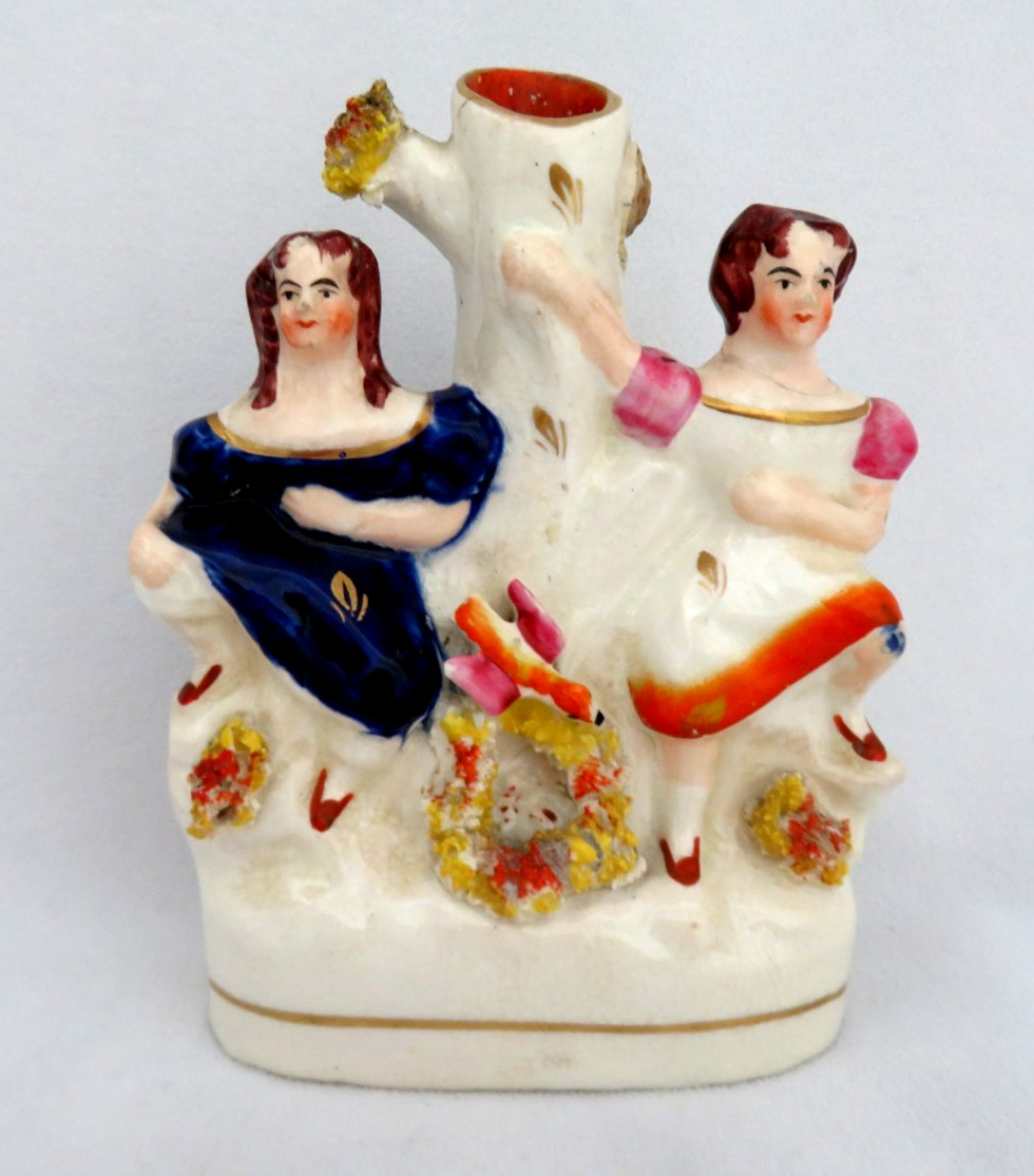 Antique Victorian Staffordshire Spill Vase ~ Two Girls By a Tree with a Bird Antique Victorian Staffordshire Spill Vase ~ Two Girls By a Tree with a Bird