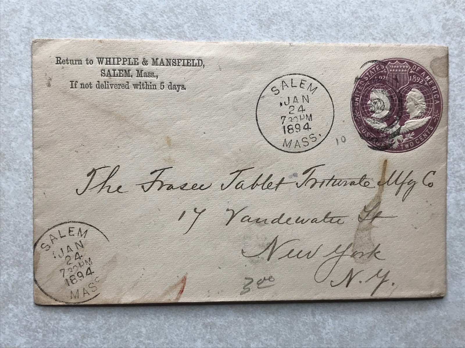 EN2616 Letterhead Envelope Postal Cover Whipple & Mansfield, Salem MA 1894 mark EN2616 Letterhead Envelope Postal Cover Whipple & Mansfield, Salem MA 1894 mark