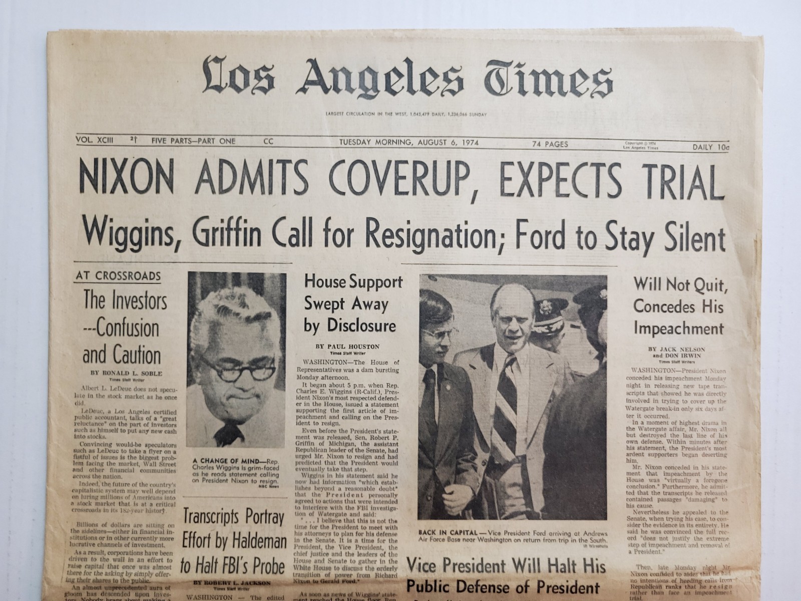 1974 Aug 6: Los Angeles LA Times - Pres Nixon Admits Coverup / Watergate Scandal 1974 Aug 6: Los Angeles LA Times - Pres Nixon Admits Coverup / Watergate Scandal