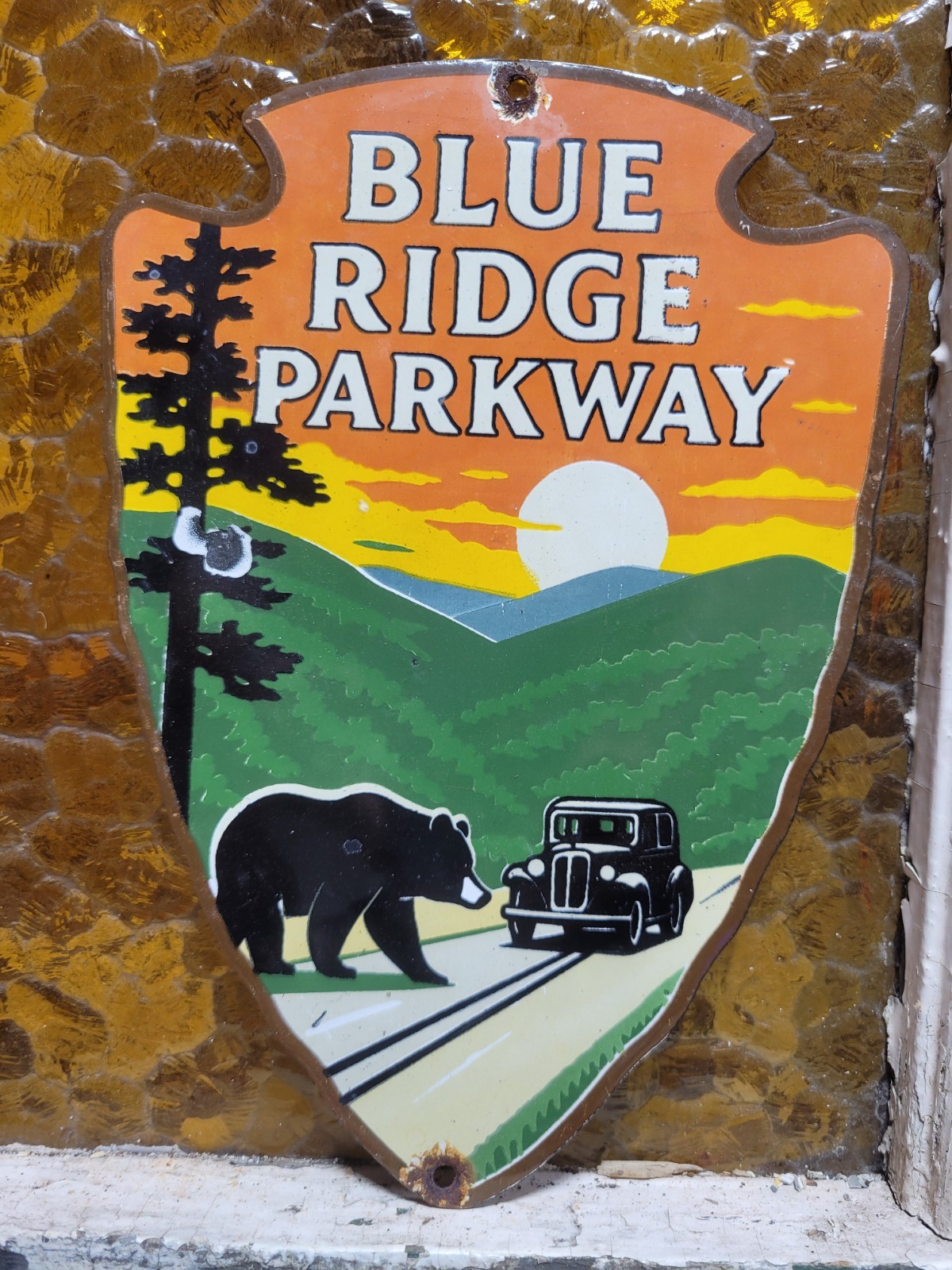VINTAGE BLUE RIDGE PARKWAY PORCELAIN SIGN OLD SHENANDOAH NATIONAL PARK SMOKEY