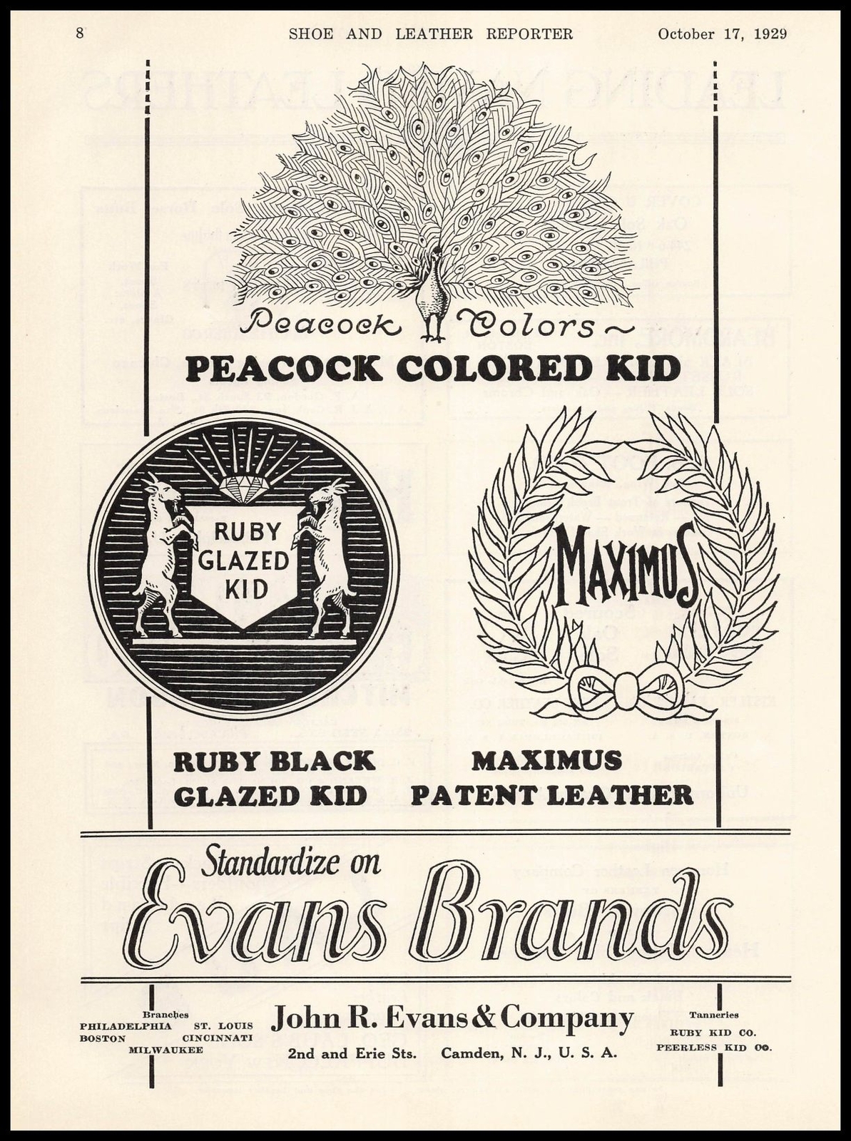 1929 John Evans Camden NJ Peacock Ruby Glazed Kid Maximus Leather Logos Print Ad 1929 John Evans Camden NJ Peacock Ruby Glazed Kid Maximus Leather Logos Print Ad