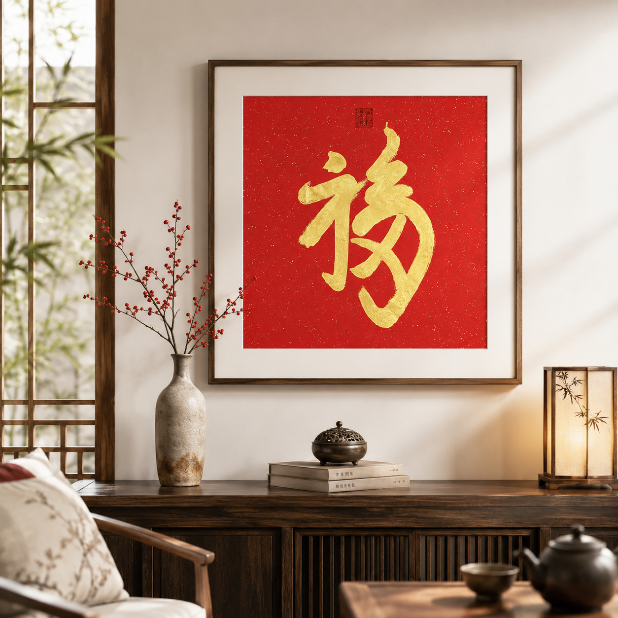 Original Chinese Calligraphy Fu Blessing Gold Wall Art Red Xuan Paper 26x26