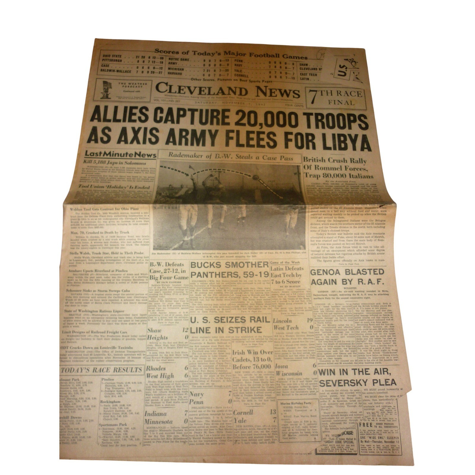 Nov 7 1942 Cleveland News WWII Newspaper Allies Capture 20000 Troops Libya Nov 7 1942 Cleveland News WWII Newspaper Allies Capture 20000 Troops Libya