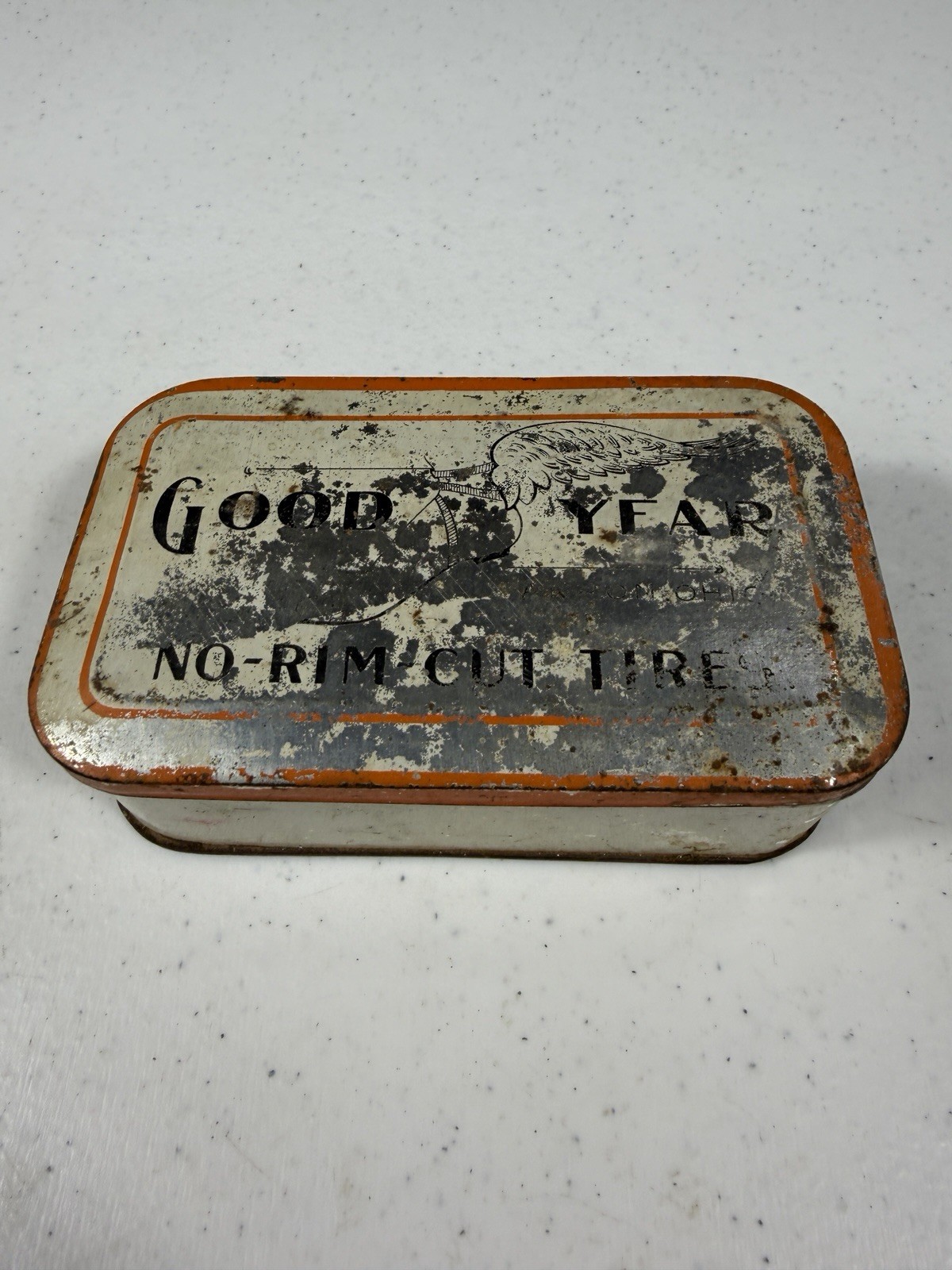 Vintage Goodyear No Rim Cut Tire Advertising Tin Early Automobilia Tool Box