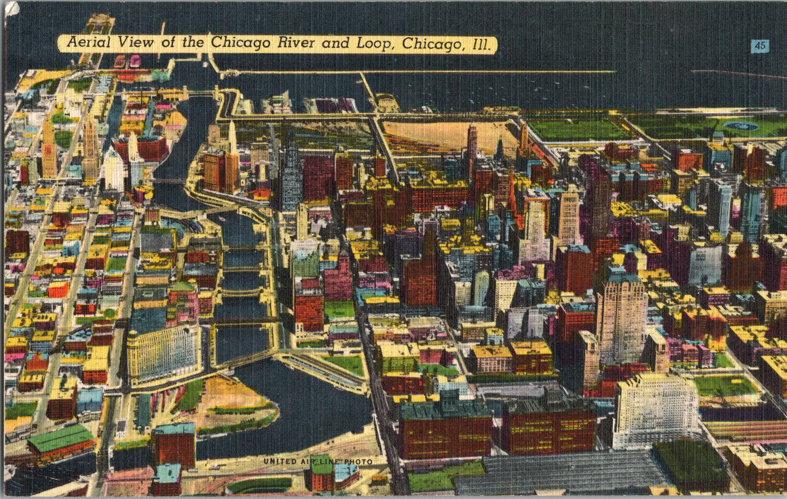 Vintage Chicago IL Postcard Linen Aerial View City River Loop Vintage Chicago IL Postcard Linen Aerial View City River Loop