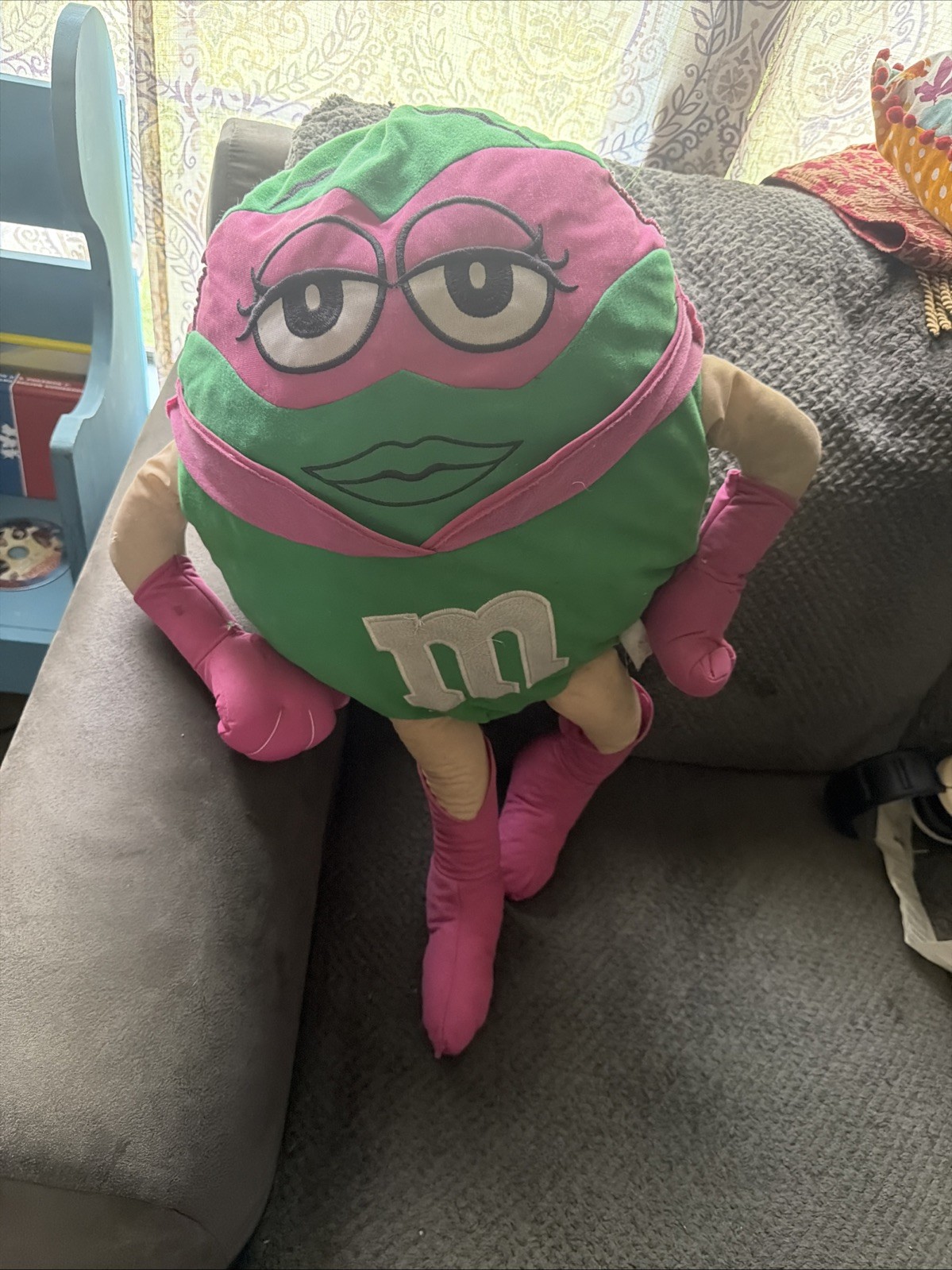Pre owned Vintage Nanco 2010 Green M&M Superhero Plush Doll Pink Mask Jumbo 28\