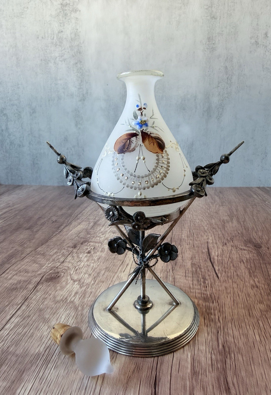 antique victorian silverplate perfume bottle holder, glass bottle Meriden B.Co