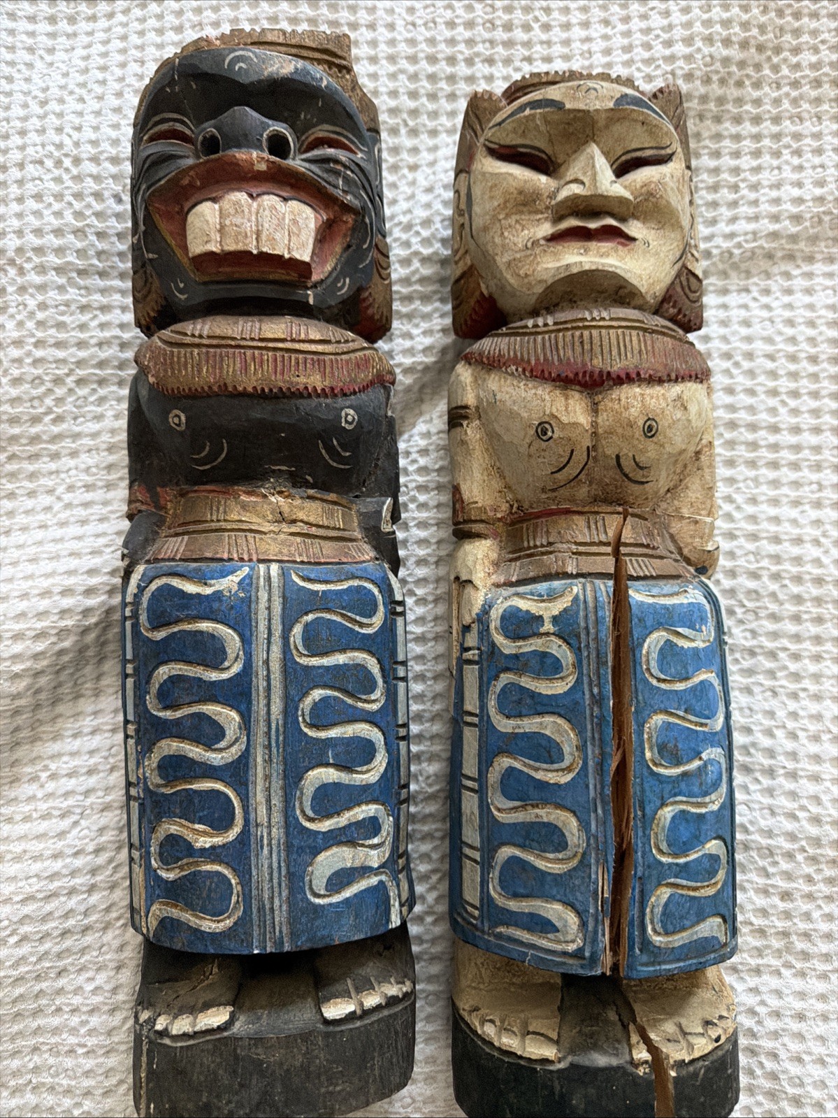 Vintage Pair of Hand-Carved & Painted Wooden Tribal Folk Art Figures Vintage Pair of Hand-Carved & Painted Wooden Tribal Folk Art Figures