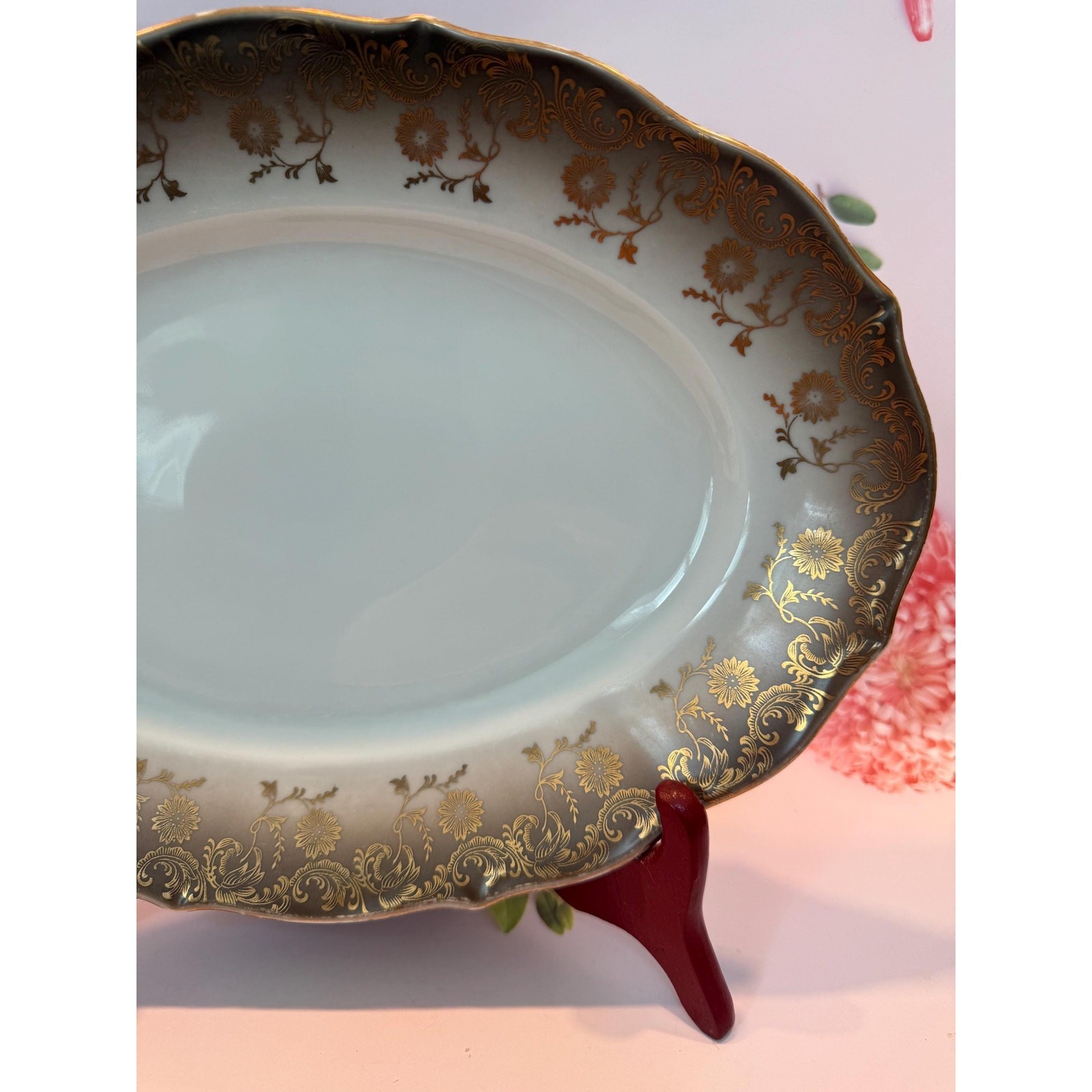 Vintage Eberthal Serving Platter Oval W. Germany Porcelain Gold & Black Floral Vintage Eberthal Serving Platter Oval W. Germany Porcelain Gold & Black Floral