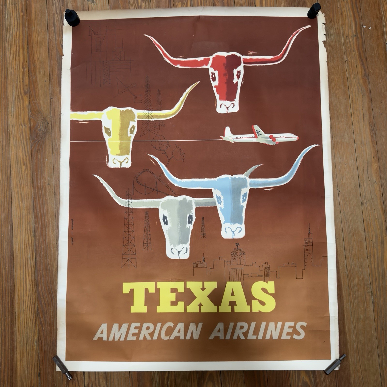Vintage Original American Airlines Texas Travel Poster Longhorn Oil Rigs 1953 Vintage Original American Airlines Texas Travel Poster Longhorn Oil Rigs 1953