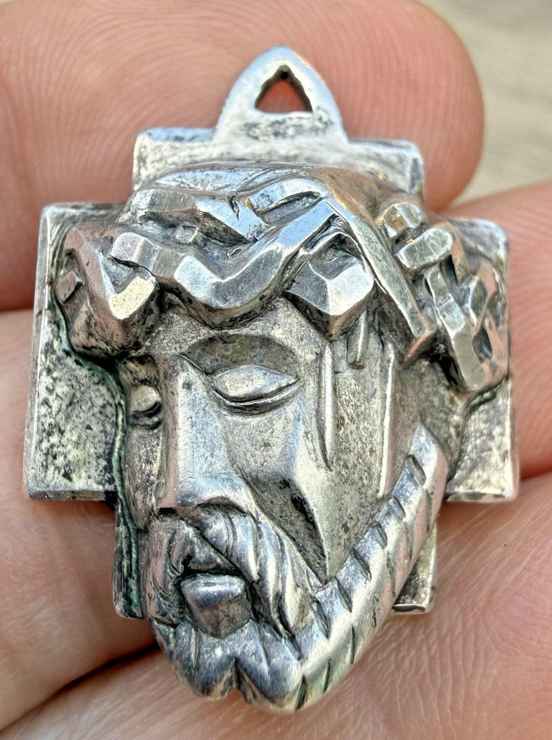 Theda Vintage Sterling Silver 925 Jesus Head Brutalist Pendant Medal 3D