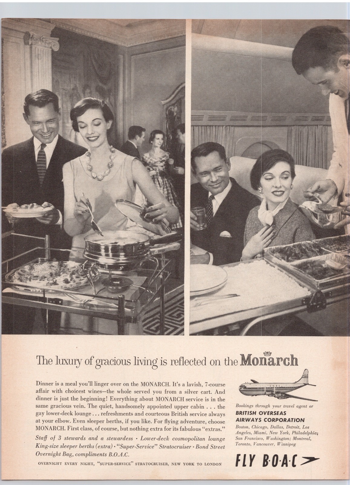 BOAC Monarch First Class Air Travel Dinner Service Vintage Print Ad 1955 BOAC Monarch First Class Air Travel Dinner Service Vintage Print Ad 1955