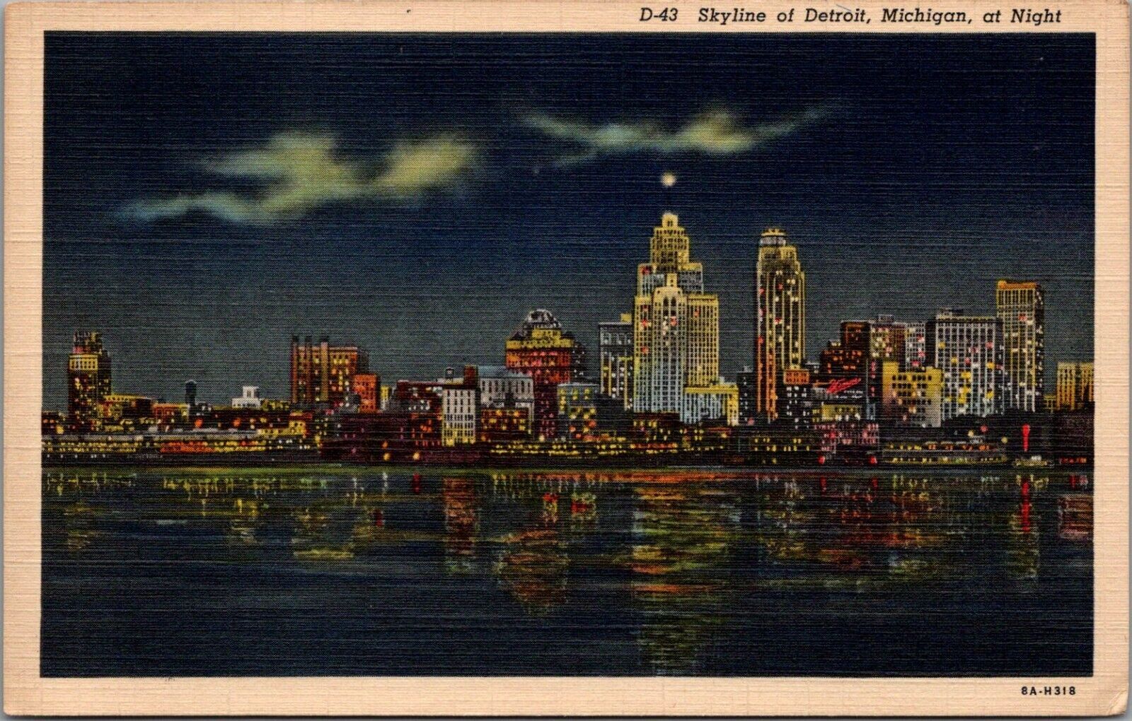 Detroit Night Waterfront Skyline Moon Colors Reflected River 1938 Linen Postcard