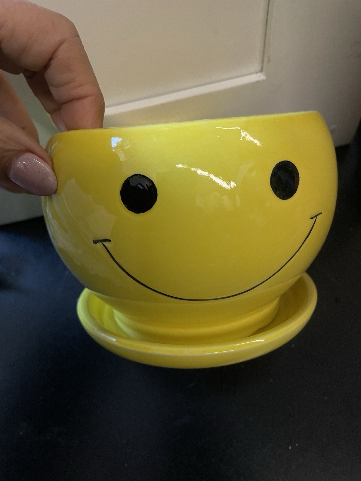Round Ceramic vase Yellow Smiley Face 4.5 Round Ceramic vase Yellow Smiley Face 4.5