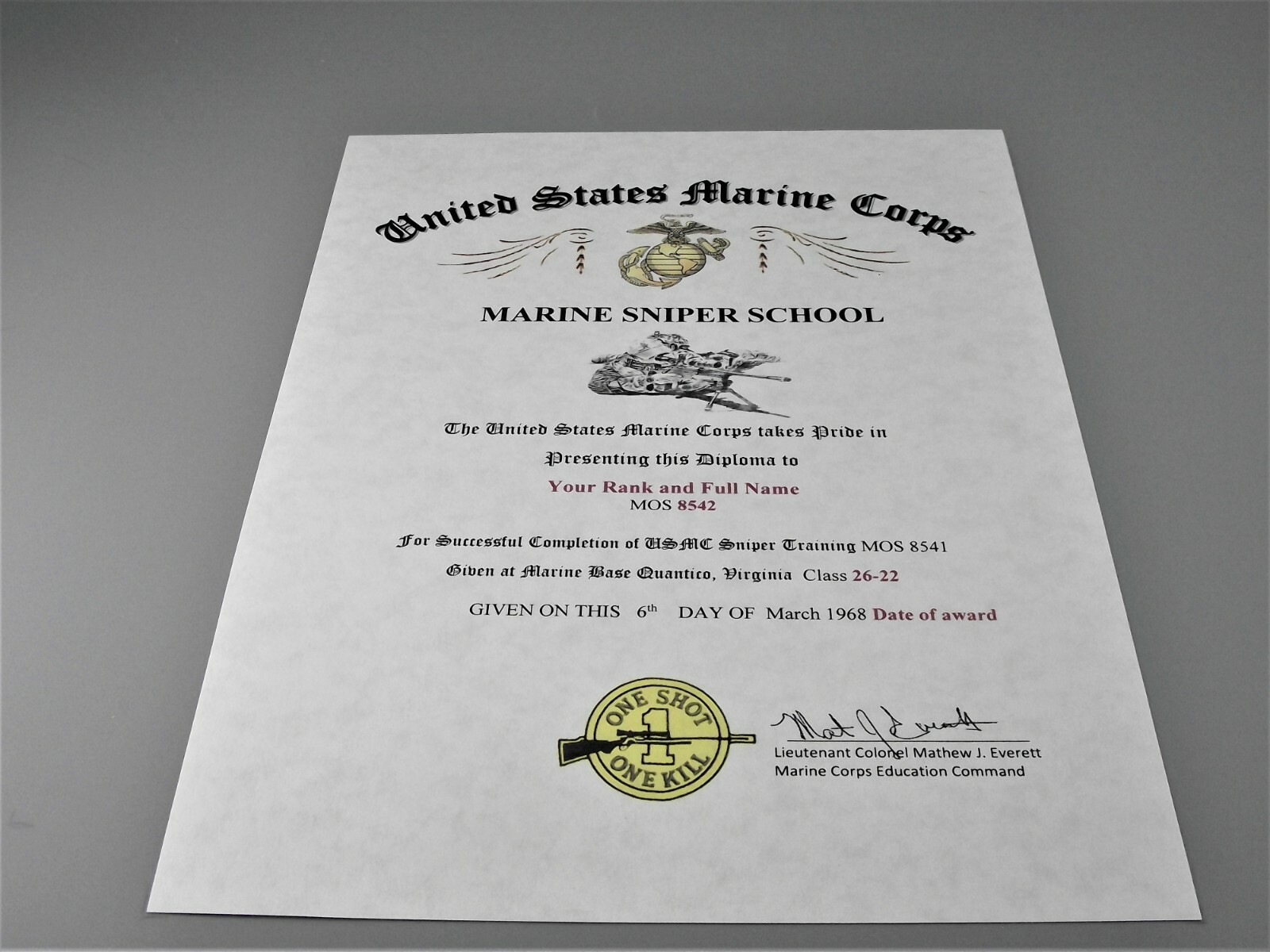 US Marine Corps SNIPER Course School Diploma Replacement Certificate