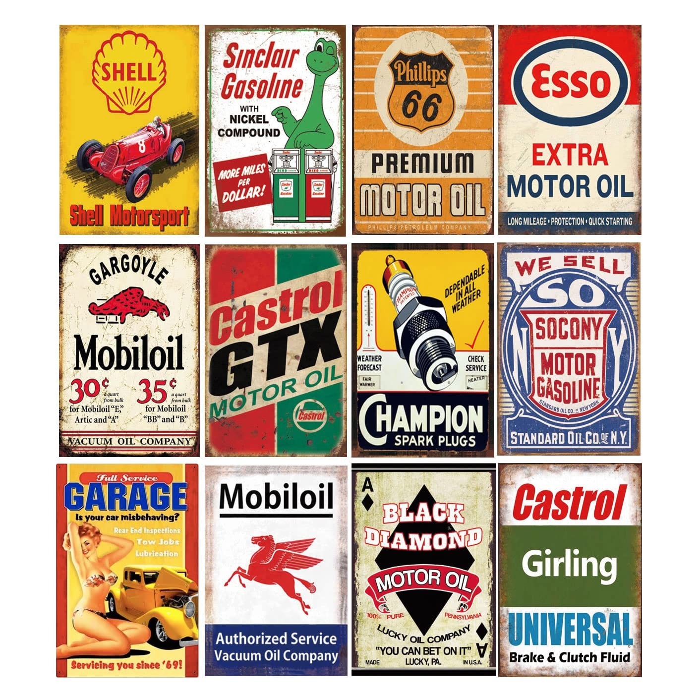 12 Retro Vintage Gas & Oil Tin Signs - Metal Wall Art for Home, Man Cave, Garage 12 Retro Vintage Gas & Oil Tin Signs - Metal Wall Art for Home, Man Cave, Garage