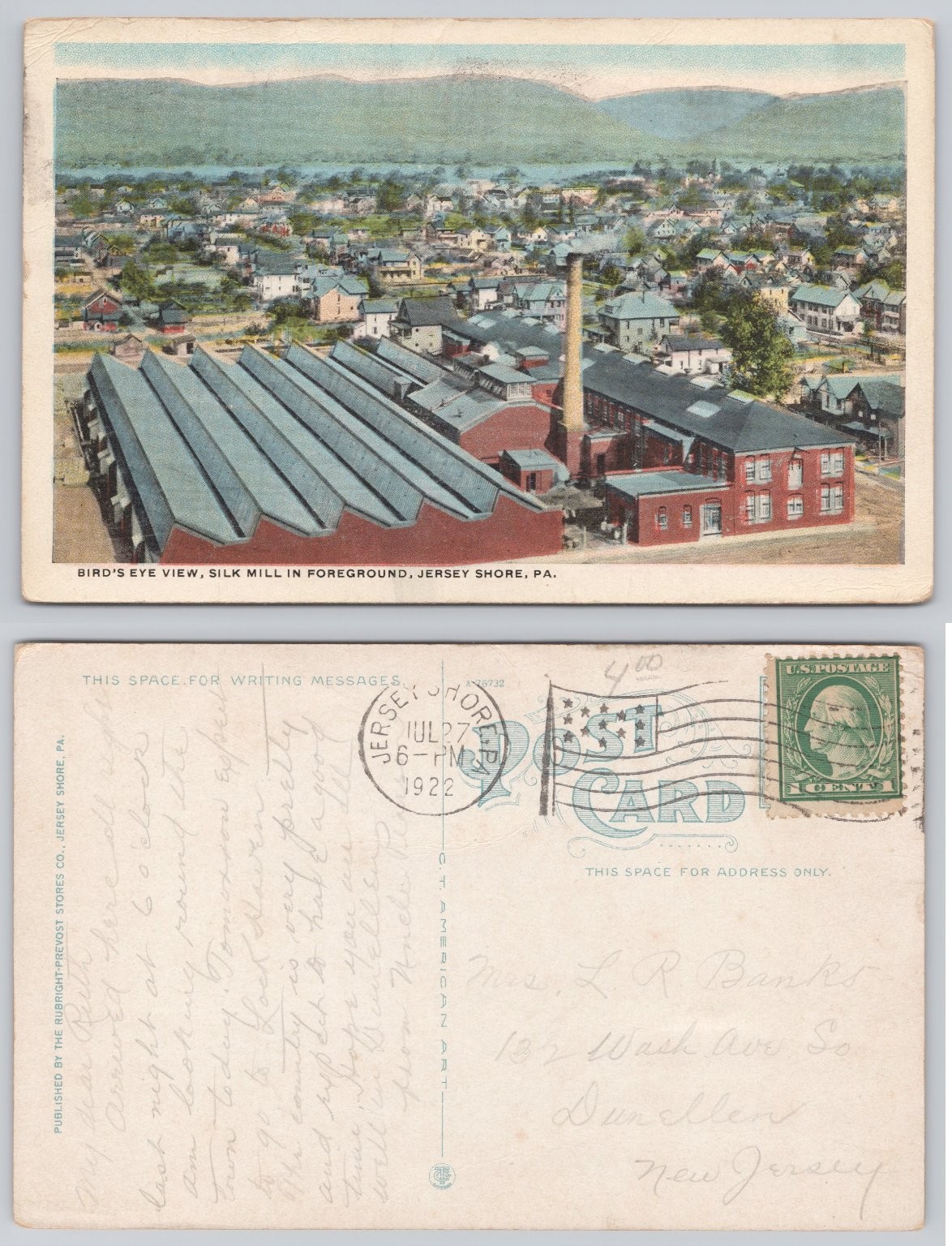 1922 Jersey Shore PA Silk Mill Bird's Eye View Vintage Postcard Posted