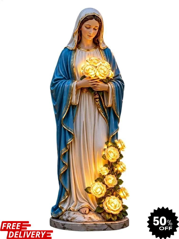 Virgin Mary Garden Light, Mary Statue With LED Glowing Roses Resin Blessed Decor Virgin Mary Garden Light, Mary Statue With LED Glowing Roses Resin Blessed Decor