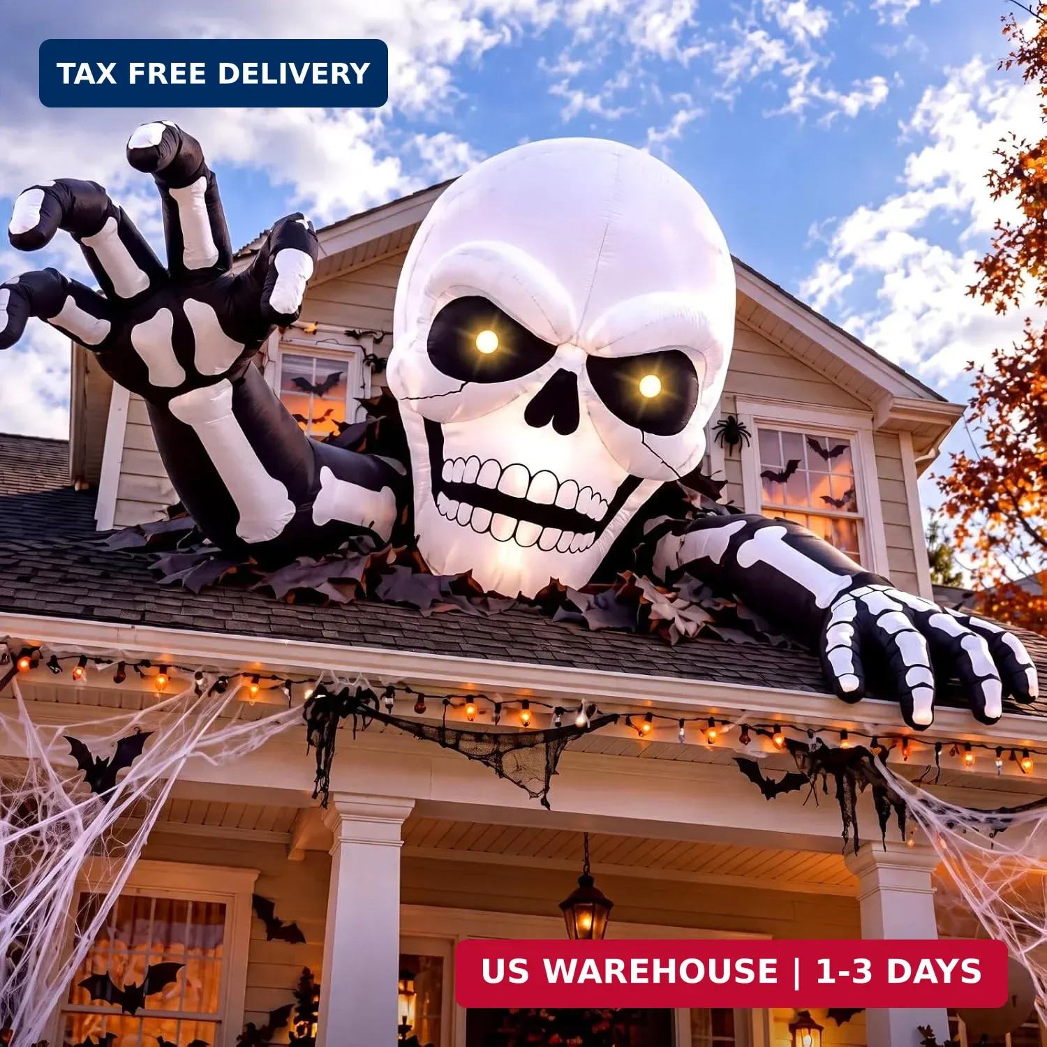 3 Pcs Giant Halloween Inflatable Skeleton with LED Lights Outdoor Decors