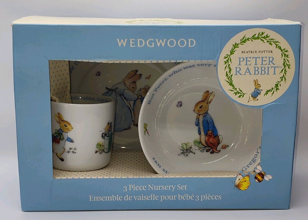 Beatrix Potter Peter Rabbit Wedgwood 3 Piece Nursery Set Bowl Plate Mug NEW 