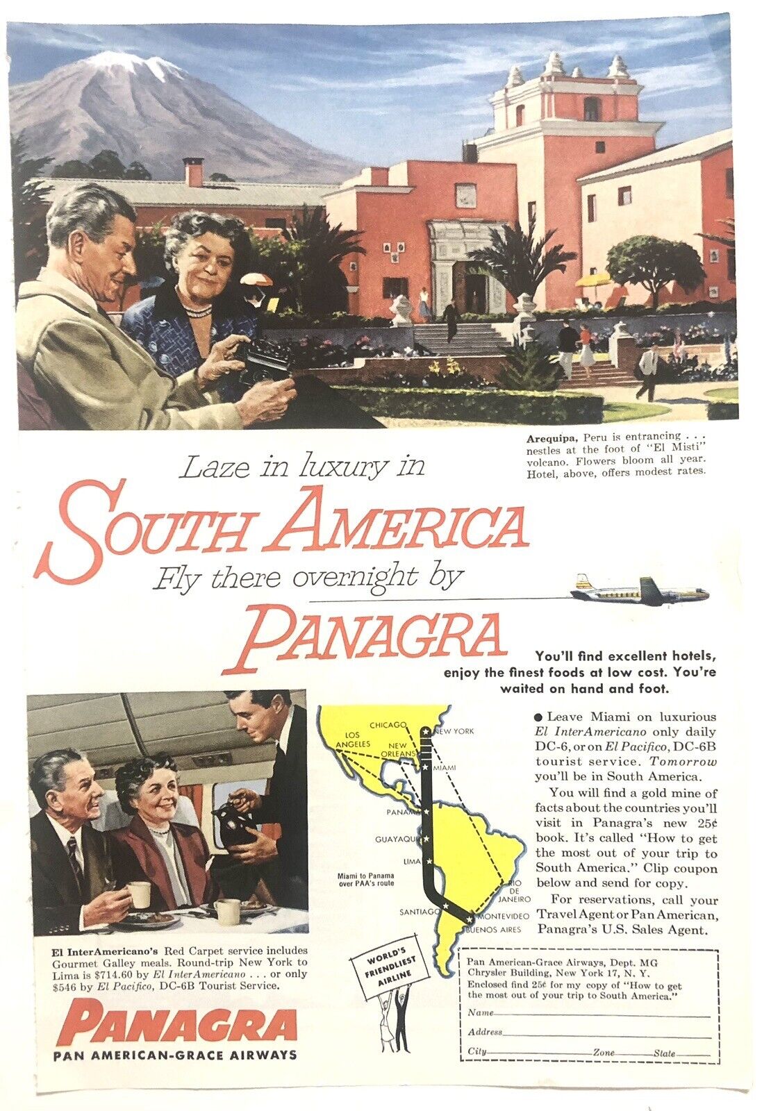 Vintage 1954 Original Print Ad Full Page - Panagra - Laze In Luxury