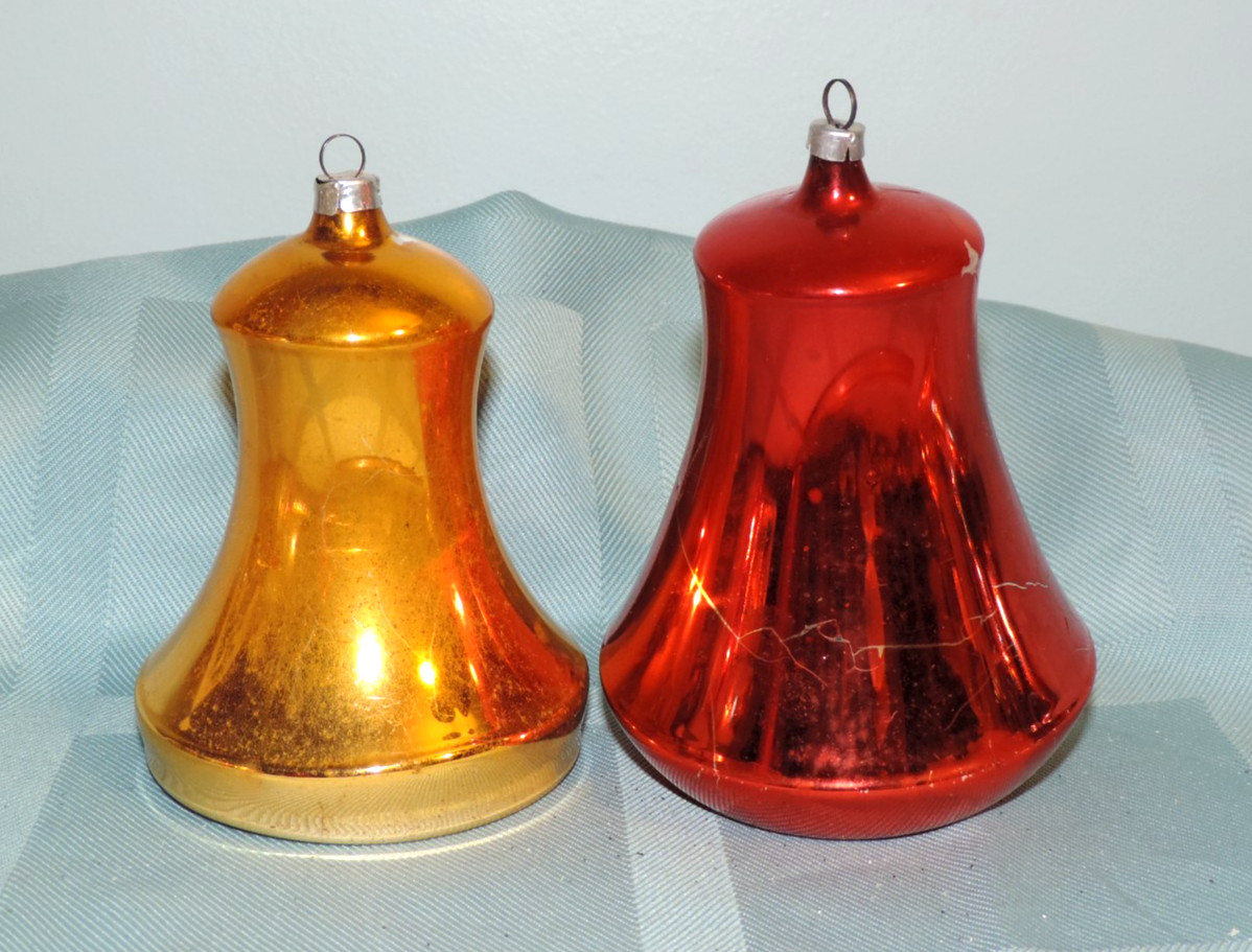 Lot of 2 Vtg Large Bell Glass Ornament w/ Clappers West Germany 4.5\ Lot of 2 Vtg Large Bell Glass Ornament w/ Clappers West Germany 4.5\