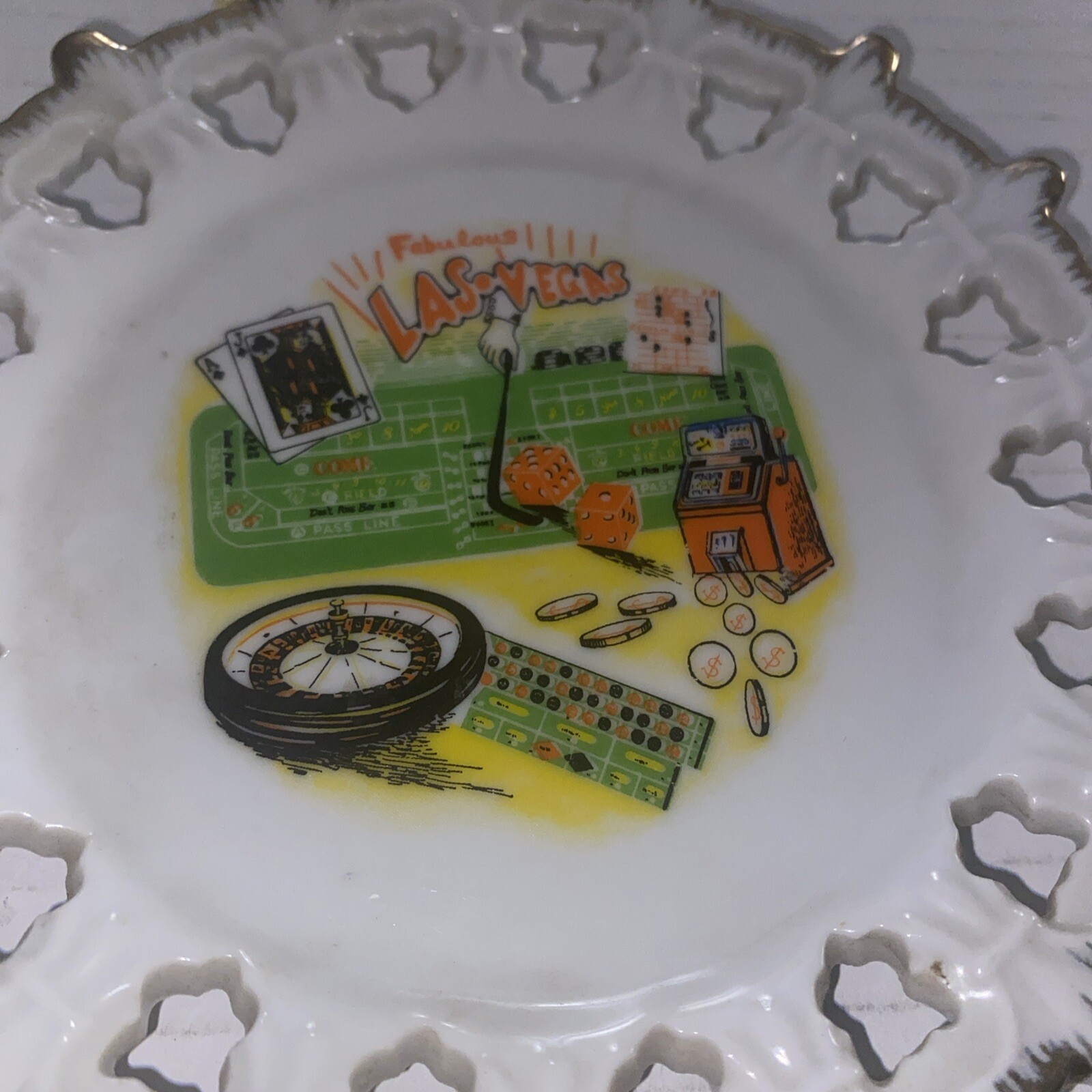 Vintage Las Vegas Souvenir Wall 6” Plate Pierced Ceramic Korea made Craps Slots Vintage Las Vegas Souvenir Wall 6” Plate Pierced Ceramic Korea made Craps Slots